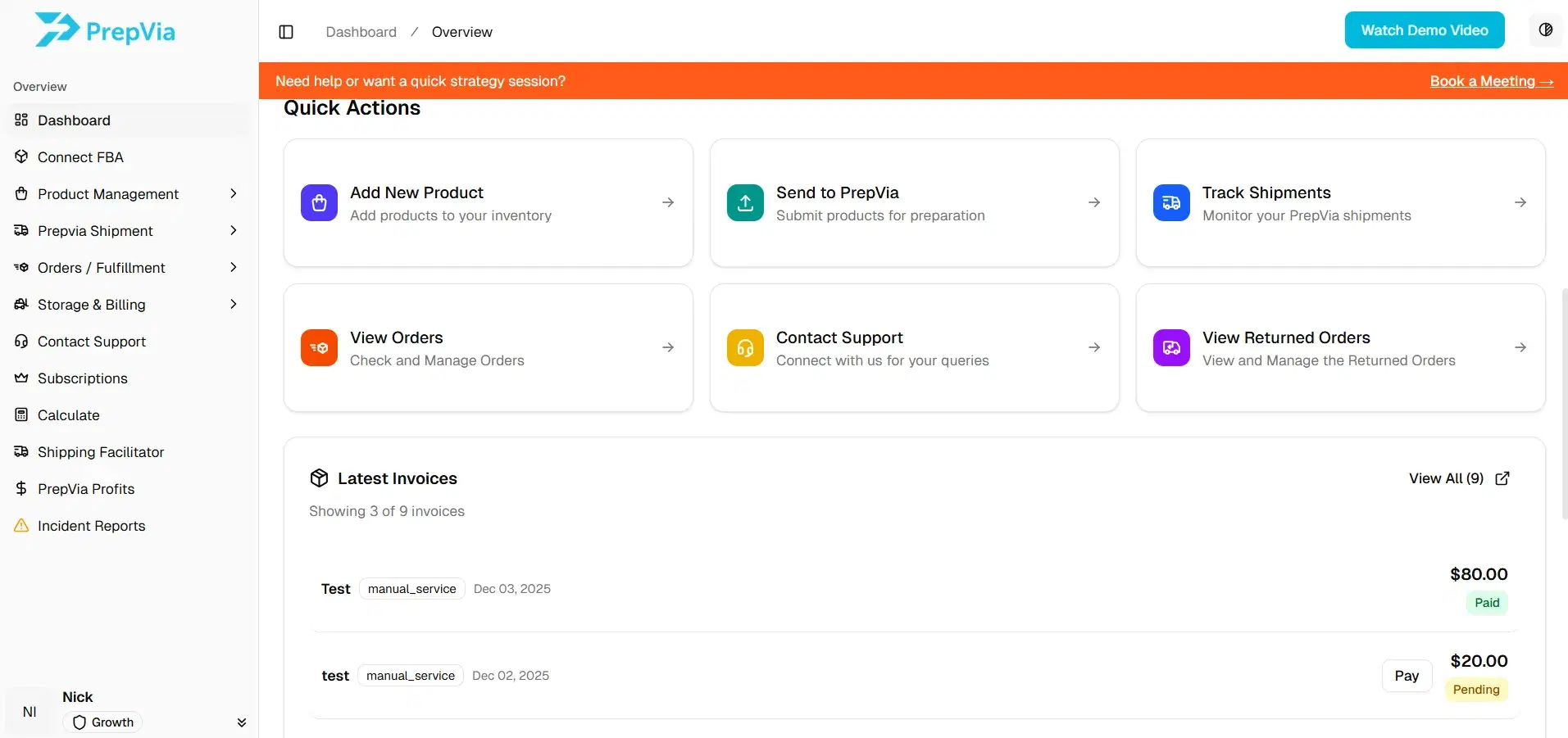 PrepVia App Dashboard - Real-time inventory and shipment tracking for Amazon FBA sellers