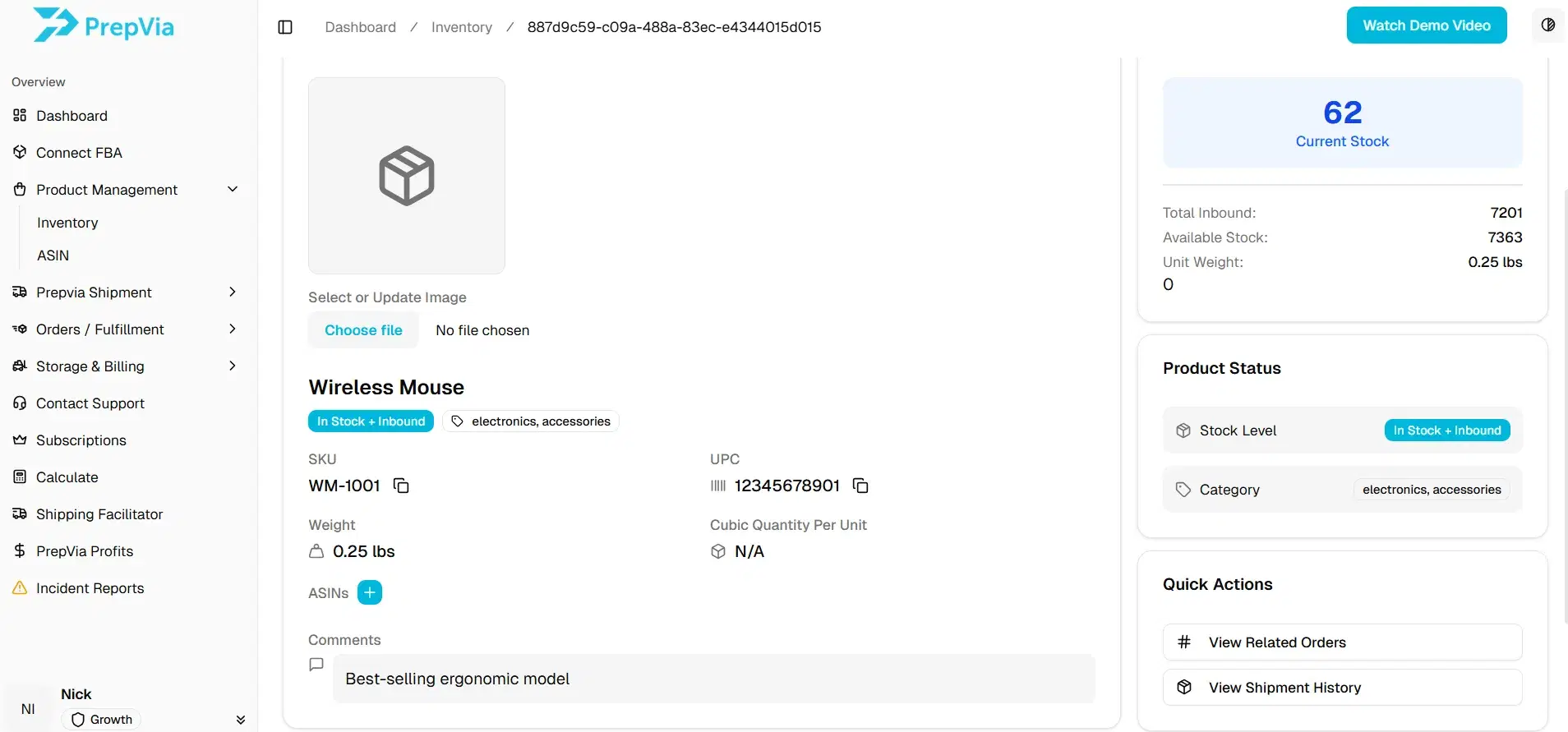 PrepVia app: product detail with SKU, UPC, weight and stock