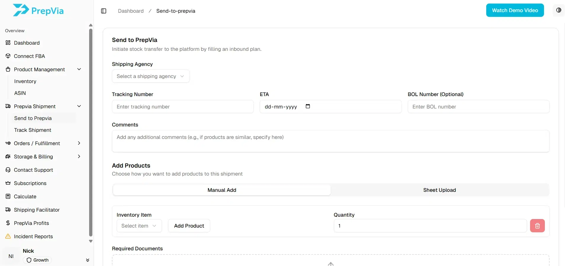 PrepVia app: Send to PrepVia inbound form with carrier, tracking and products